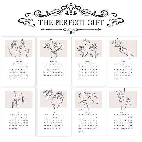 Cartes Calendrier Annuel 2026 Minimaliste Art Linéaire Botanique Motif Floral Autocollants Déco Murale Pour Chambre Bureau Papier