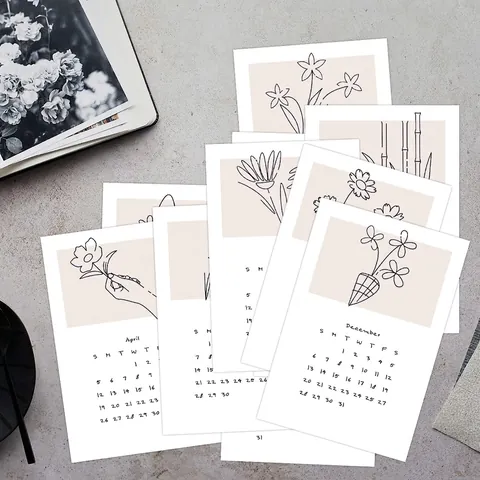 2026 Annual Calendar Cards Minimalist Botanical Line Art Floral Pattern Wall Decor Stickers For Bedroom Office Paper Cards