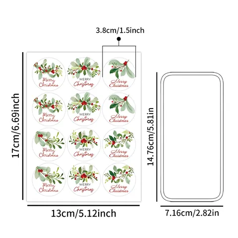 Vintage Christmas Round Stickers Floral Mistletoe Berry Pattern Merry Christmas Decorative Labels For Gift Bags Packaging