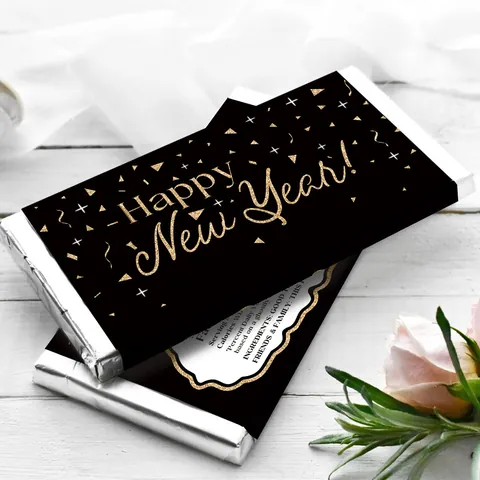 Happy New Year Chocolate Bar Wrappers Black Gold Glitter Party Decorations Candy Labels For Gift Packaging Supplies