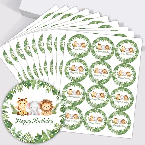 Watercolor Jungle Animal Happy Birthday Party Stickers Round Cartoon Giraffe Elephant Lion Gift Sealing Label For Kids Party