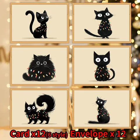 Divertenti Biglietti d'Auguri di Natale con Gatto Nero Con Buste Illustrazione Biglietti di Natale Per Amici Famiglia