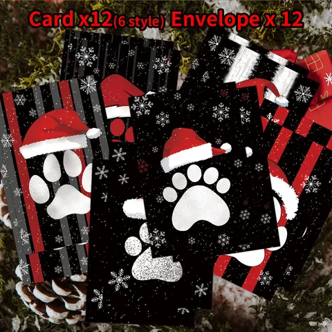 Christmas Greeting Cards And Envelopes Paw Print Pattern Santa Hat Design Holiday Greeting Cards For Xmas Party Gift