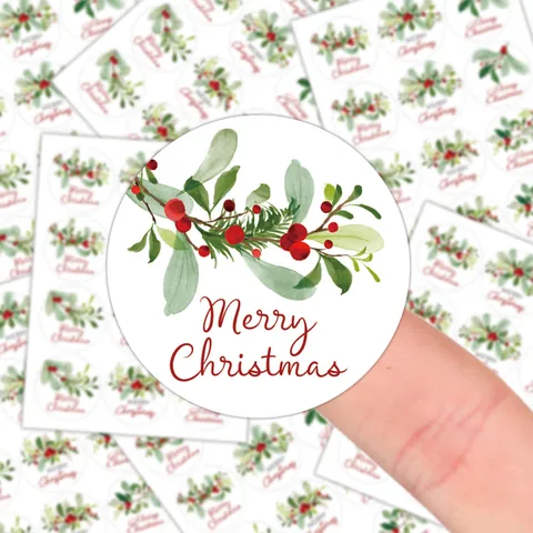 Vintage Christmas Round Stickers Floral Mistletoe Berry Pattern Merry Christmas Decorative Labels For Gift Bags Packaging