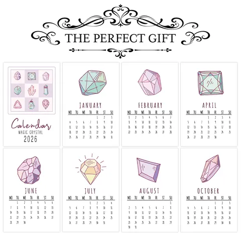 2026 Calendar Cards Magic Crystal Gemstone Illustration Paper Planner For Wall Decor Bedroom Home Office Minimalist Art Gift