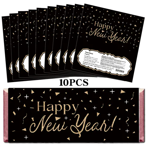 Happy New Year Chocolate Bar Wrappers Black Gold Glitter Party Decorations Candy Labels For Gift Packaging Supplies