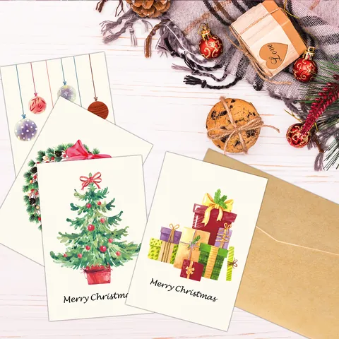 Hand Drawn Watercolor Christmas Greeting Cards With Kraft Envelopes Warm Holiday Wishes Assorted Festive Patterns Paper Stationery