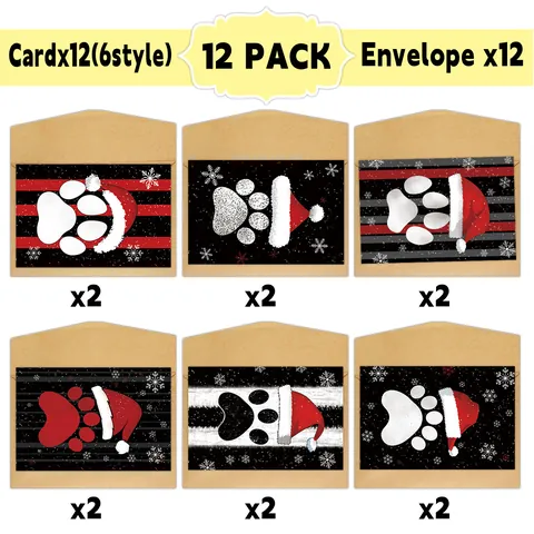Christmas Greeting Cards And Envelopes Paw Print Pattern Santa Hat Design Holiday Greeting Cards For Xmas Party Gift