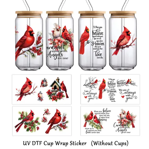 Autocollant de Transfert UV DTF pour Gobelet Noël Cardinal Rouge Baies de Houx Citations Inspirantes pour Verres
