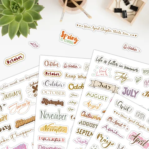 Lot de 4 Feuilles d'Autocollants Planificateur Mensuel Autocollants Décoratifs en Papier Créatif Avec Noms des Mois Icones Florales et Fruits