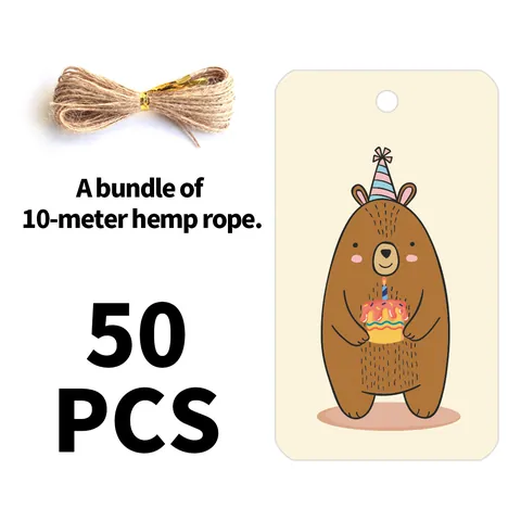 Cute Cartoon Bear Birthday Gift Tags Paper Hanging Label For Birthday Party DIY Craft Supplies With Hemp Rope Decor