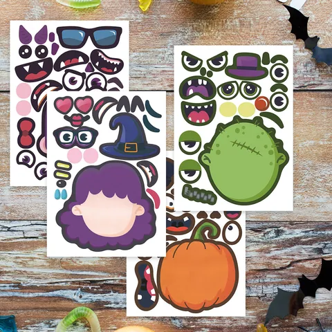 Pegatinas Halloween DIY Crea Una Cara Puzzle Para Niños Dibujos Calabaza Monstruo Bruja Fantasma Decoración Manualidades