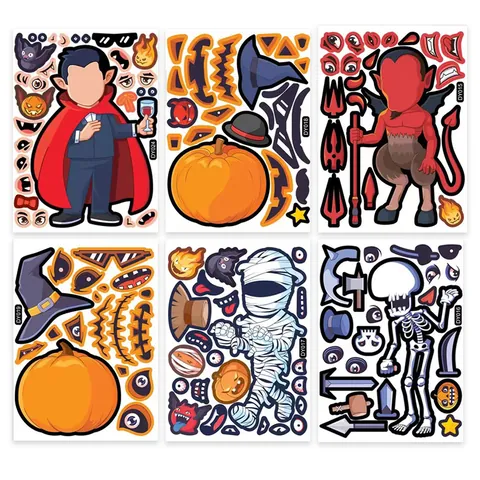 Halloween DIY Stickers For Kids Cartoon Pumpkin Vampire Ghost Mummy Face Puzzle Sticker Sheets Party Favors Kindergarten Handcraft Toy