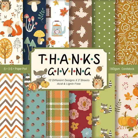 Bloc de Papel para Scrapbooking Tema Acción de Gracias Varios Diseños Forma Cuadrada Libre de Ácido Cartulina con Patrones de Otoño para Álbum DIY Fabricación de Tarjetas Papel de Manualidades