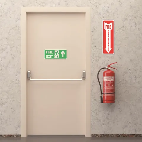 Vertical Fire Extinguisher Safety Sign Sticker Red White PVC Adhesive Industrial Emergency Warning Directional Arrow