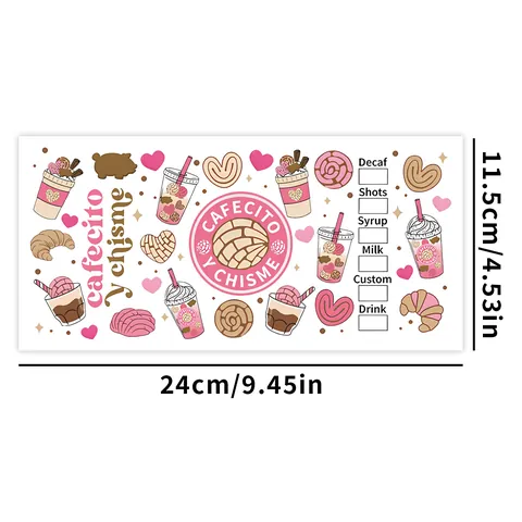 Adesivo a Trasferimento UV DTF per Involucro in Vetro 16oz Cafecito Y Chisme Caffè Gossip Concha Messicana Decalcomanie DIY