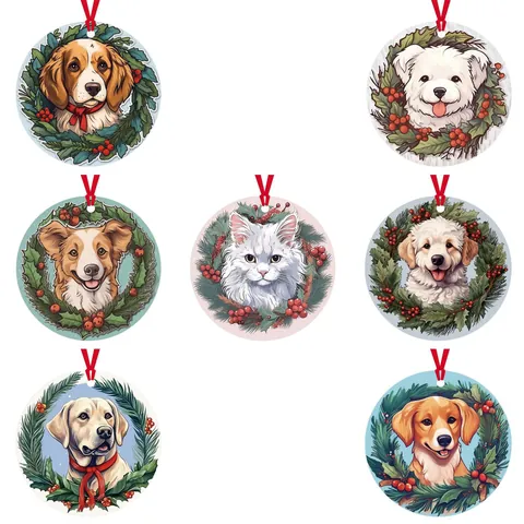 Weihnachten Hund Katze Acryl Hänger Rund Kranz Haustier Tier Illustration Festival Heim Deko Mit Rotem Band