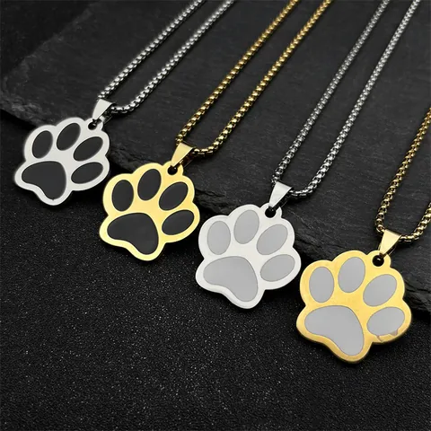 Vintage Stainless Steel Cat Paw Pendant Necklace Cute Enamel Animal Footprint Clavicle Chain Jewelry For Unisex Gift