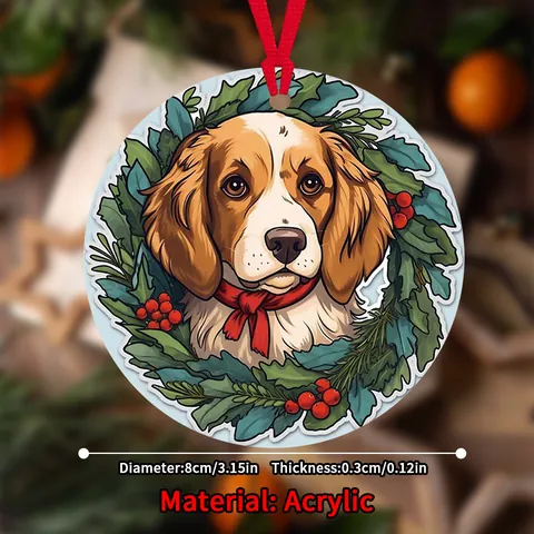 Weihnachten Hund Katze Acryl Hänger Rund Kranz Haustier Tier Illustration Festival Heim Deko Mit Rotem Band