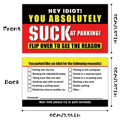 Funny Bad Parking Prank Gag Cards Multiple Reasons To Tick Double Sided Paper Parking Violation Warning Cards Car Owner Humor Gift
