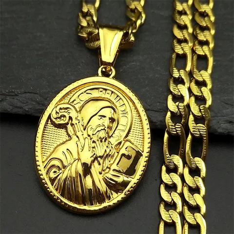Vintage Stainless Steel St Benedict Medal Pendant Necklace For Men Gold Silver Figaro Chain Curb Chain Religious Jewelry Gift