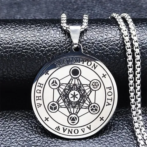 Collier Pendentif Cube de Métatron en Acier Inoxydable Rétro Géométrie Sacrée Médaille Ronde Chaîne Box pour Homme Femme