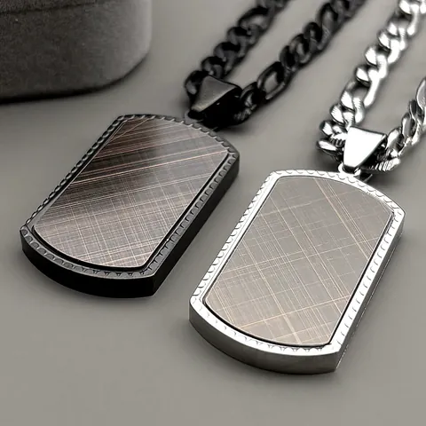 Collier Pendentif Plaque d'Identité en Acier Inoxydable pour Hommes Maille Figaro Brossé Industriel Bijoux Hip Hop Punk Cadeau
