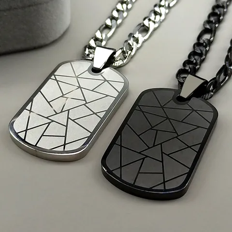 Hip Hop Stainless Steel Military Dog Tag Pendant Necklace Geometric Laser Etched Pattern Industrial Style Men Women Jewelry