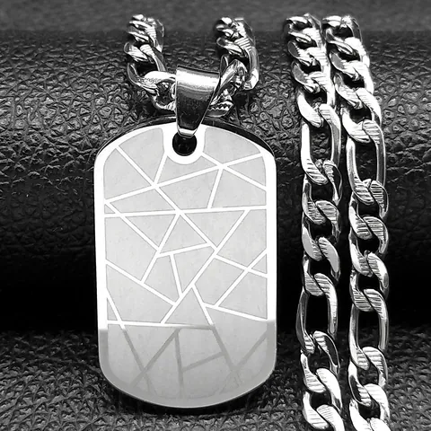 Hip Hop Stainless Steel Military Dog Tag Pendant Necklace Geometric Laser Etched Pattern Industrial Style Men Women Jewelry