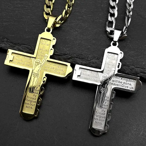Edelstahl Kreuz Anhänger Halskette Gravur Vaterunser Kruzifix Figaro Kette Religiöser Schmuck Für Damen Herren