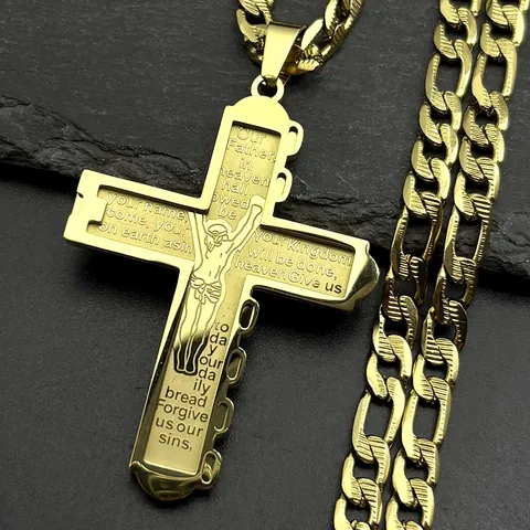 Edelstahl Kreuz Anhänger Halskette Gravur Vaterunser Kruzifix Figaro Kette Religiöser Schmuck Für Damen Herren