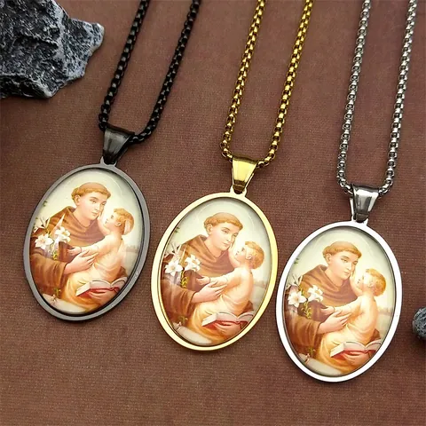 Collier Pendentif Religieux Saint Antoine en Acier Inoxydable Vintage pour Femmes Hommes Bijoux Chaîne Vénitienne 60cm