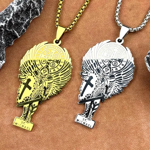 St Michael Archangel Pendant Necklace Stainless Steel Saint Benedict Medal Shield Sword Religious Amulet Protection Jewelry For Men Women