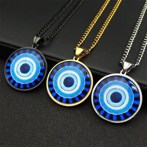 Stainless Steel Evil Eye Pendant Necklace Glass Turkish Eye Jewelry For Men Women Curb Chain Ethnic Amulet Necklace Gift