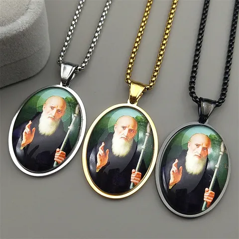St. Benedict Medallion Pendant Necklace Stainless Steel Glass Religious Saint Amulet Box Chain Jewelry For Men Women Gift