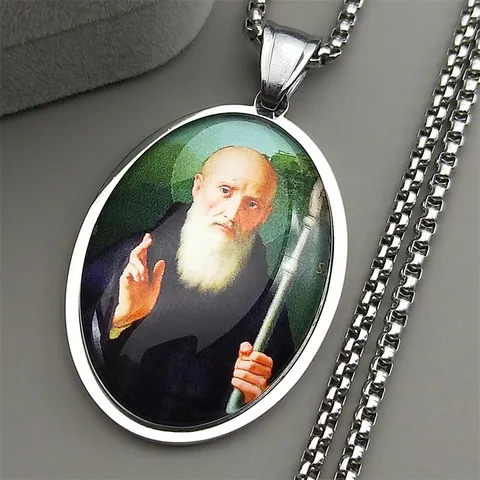 St. Benedict Medallion Pendant Necklace Stainless Steel Glass Religious Saint Amulet Box Chain Jewelry For Men Women Gift
