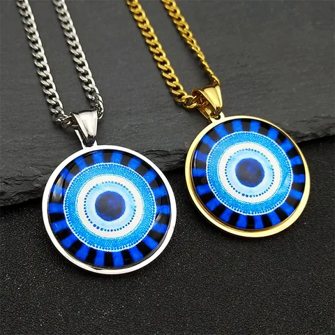 Stainless Steel Evil Eye Pendant Necklace Glass Turkish Eye Jewelry For Men Women Curb Chain Ethnic Amulet Necklace Gift