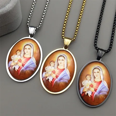 Religious Stainless Steel Virgin Mary Pendant Necklace For Men Women Gold Silver Black Oval Glass Box Chain Jewelry Gift