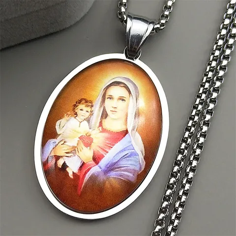 Religious Stainless Steel Virgin Mary Pendant Necklace For Men Women Gold Silver Black Oval Glass Box Chain Jewelry Gift