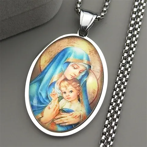 Collar Con Colgante Medallón Ovalado Religioso De Acero Inoxidable Virgen María Y Niño Jesús Amuleto Católico Joyería De Regalo