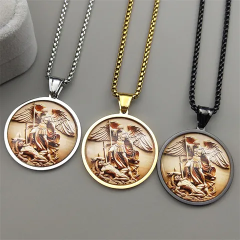 Saint Michael Archangel Pendant Necklace Stainless Steel Round Relief Medallion Religious Vintage Box Chain Unisex Jewelry