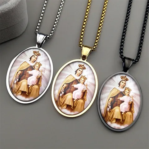 Vintage Religieux Acier Inoxydable Vierge Marie et Enfant Jésus Ovale Verre Pendentif Collier Pour Femme Homme Bijoux Chaîne Vénitienne Cadeau