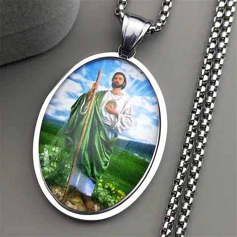Stainless Steel St Jude Thaddeus Pendant Necklace Religious Oval Portrait Medal Fashion Jewelry For Men Women Gold Silver