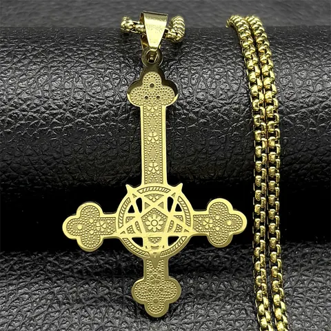 Gothic Inverted Cross Pendant Necklace Stainless Steel Pentagram St Peters Cross Box Chain Punk Jewelry For Men Women