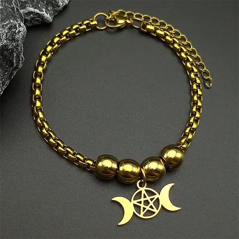 Stainless Steel Triple Moon Pentagram Bracelet For Women Gothic Wiccan Jewelry Gold Silver Plated Box Chain Bead Bracelet