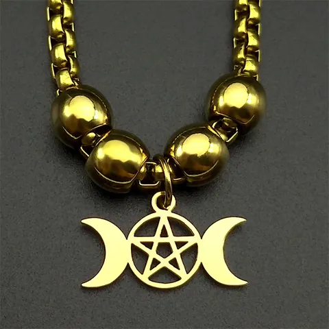 Stainless Steel Triple Moon Pentagram Bracelet For Women Gothic Wiccan Jewelry Gold Silver Plated Box Chain Bead Bracelet