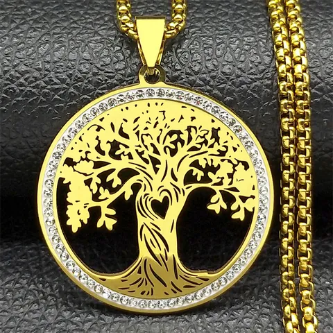 Collier Pendentif Arbre de Vie en Acier Inoxydable Cœur Évidé Strass Rond Bijoux pour Homme Femme Cadeau