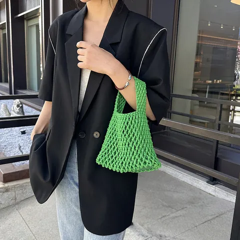 Women Fashion Woven Mesh Handbag Hollow Out Handmade Cotton Rope Tote Bag Small Street Style Wrist Bag For Vacation Beach