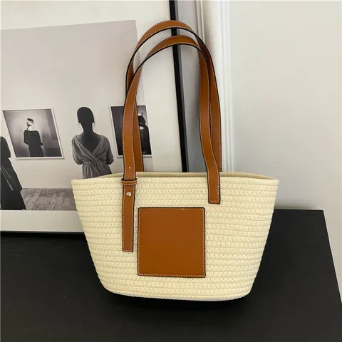 Große Kapazität Gewebte Stroh Tote Tasche Für Damen Koreanischen Stil Urlaub Strand Handtasche Mit Kontrast Leder Schultergurte