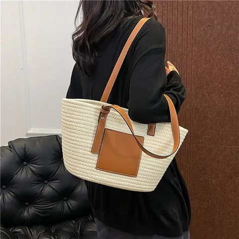 Große Kapazität Gewebte Stroh Tote Tasche Für Damen Koreanischen Stil Urlaub Strand Handtasche Mit Kontrast Leder Schultergurte
